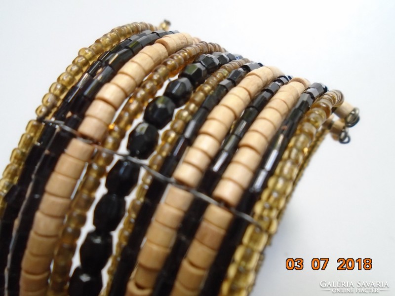 Moroccan 15-row wide handmade bracelet made of small polished stone, wood and glass beads
