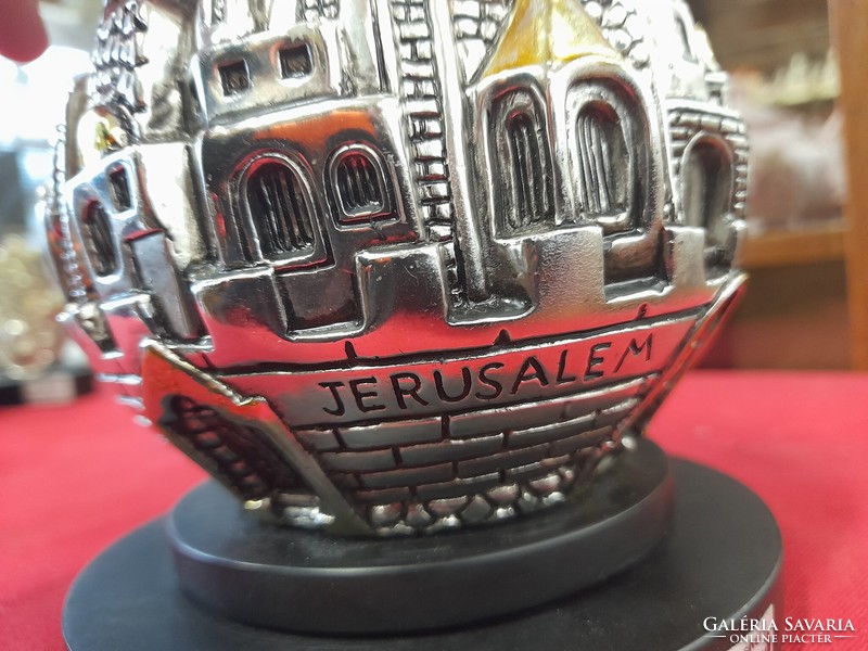 Judaika 925 Ezüstözött Jeruzsálem Látkép Emléktárgy.14 cm.