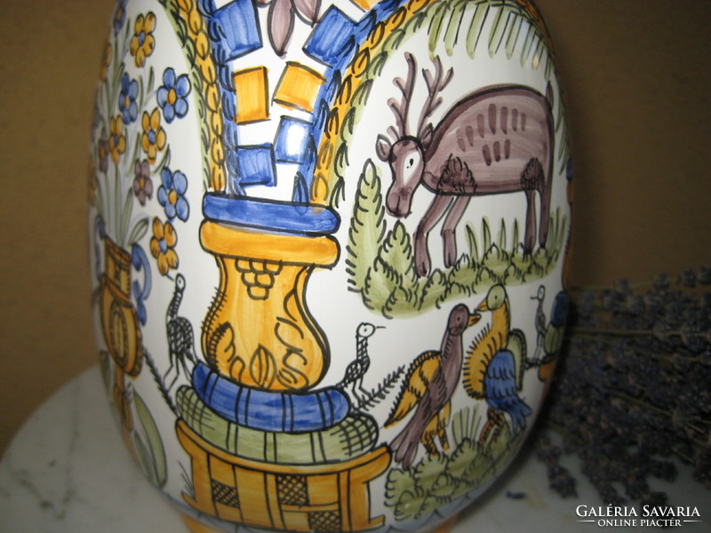 Poszthabán patikai tartó edény , hű múzeumi másolat , kézi festés , réz vasalattal , 28 x 13 x 13 cm