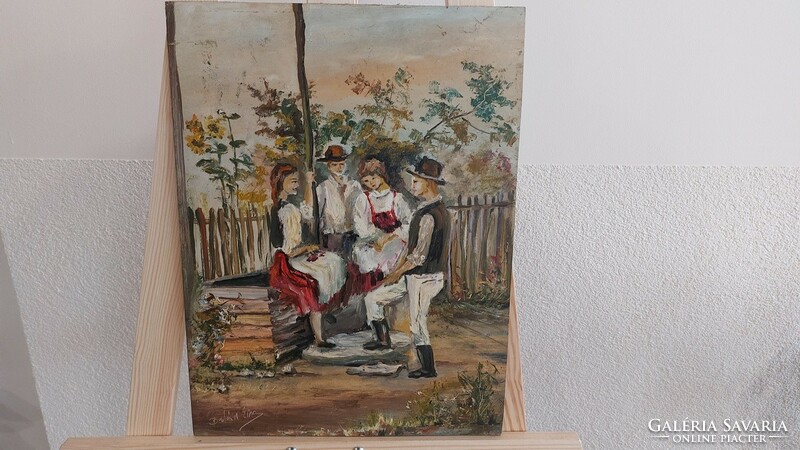 (K) Balán Éva gyönyörű népi életkép festménye 30x40 cm