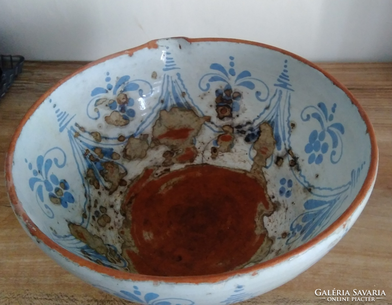 Antique min. 90-100 years old large-sized, blue hand-painted bright glazed earthenware bowl, kneading bowl, 26 cm