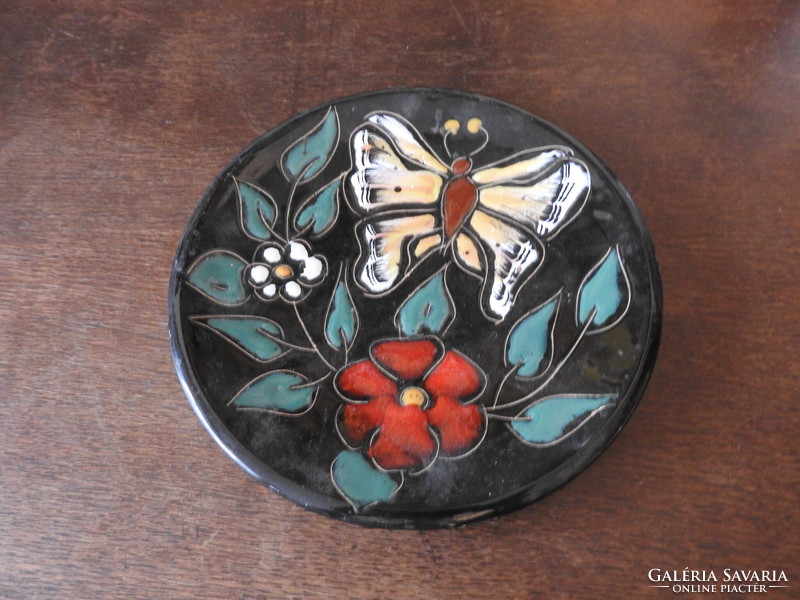 Antique glazed wall ceramic plate _with butterfly flower - marked nabeul tunesien