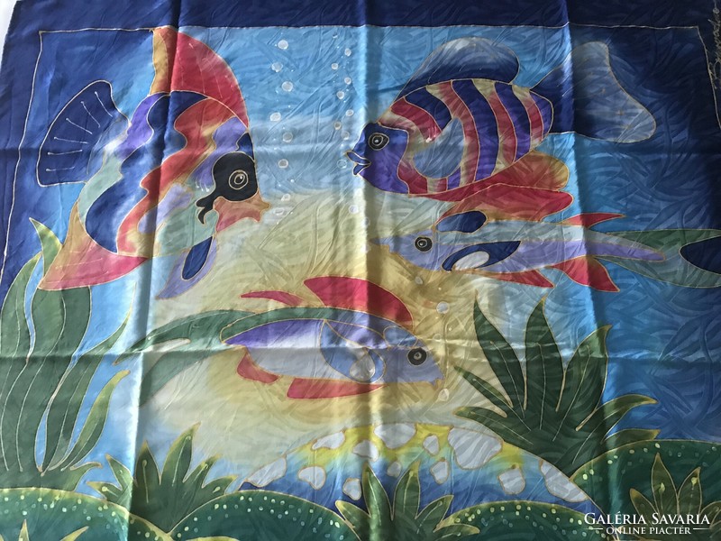 Hand-painted, gold-contoured silk scarf with sea pattern, signed, 86 x 84 cm