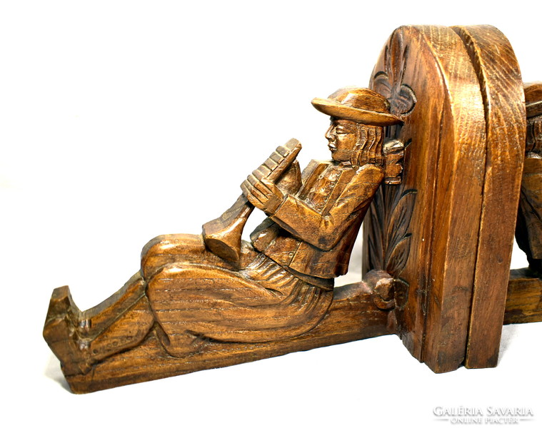 Flute-playing shepherd ... Carved figural massive wooden bookend pair!