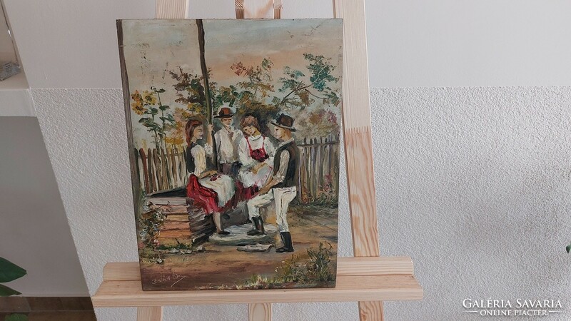 (K) Balán Éva gyönyörű népi életkép festménye 30x40 cm