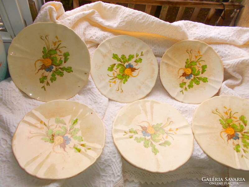 6 rare late 1800s Zsolnay faience breakfast plates with a mark pressed into the mass