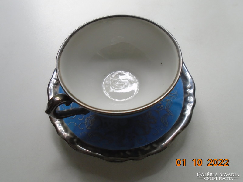 Designed by Franz Neukirchner (1925-1977) silver floral royal blue tea cup with coaster waldershof