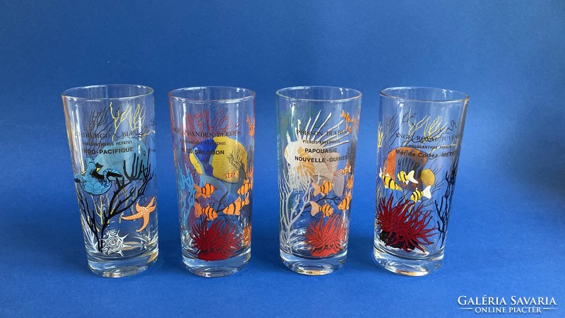 Retro 4 glass glasses with marine life pattern French mustard