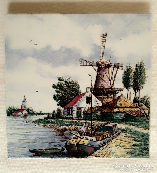 Hand Painted Old Dutch Glazed Faience Ceramic Decorative Tile Marked Landscape Windmill Riverside House