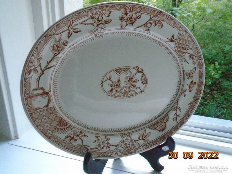 1900 Rn 69165 Keeling&co majolica oval large bowl with floral butterfly oriental pattern