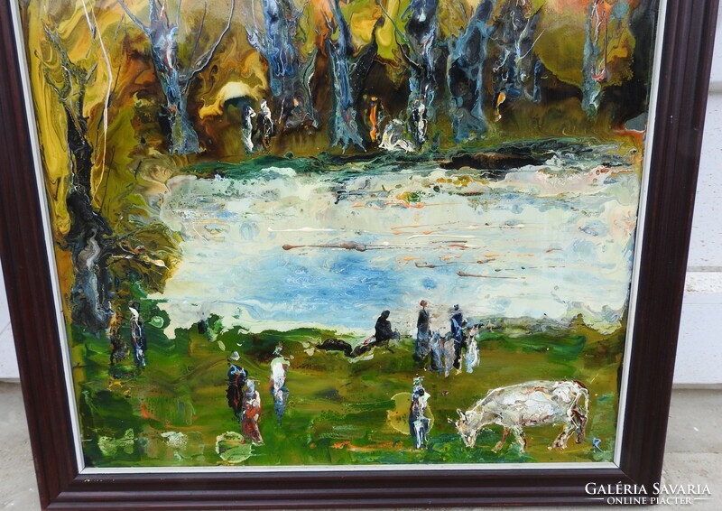 András Rác cold enamel painting - forest lake -
