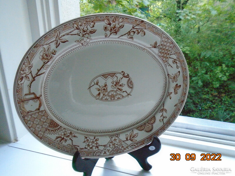 1900 Rn 69165 Keeling&co majolica oval large bowl with floral butterfly oriental pattern