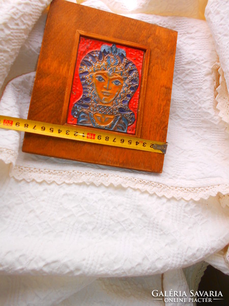 Enamel painted decoration embossed copper plate image -wood base