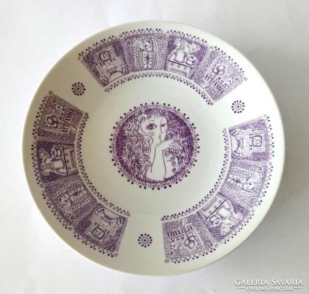 Old Zsolnay wall decoration bowl with József Tari's drawings