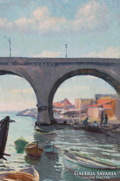 European painter: boats near the bridge