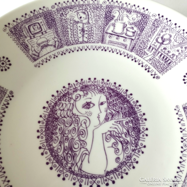 Old Zsolnay wall decoration bowl with József Tari's drawings
