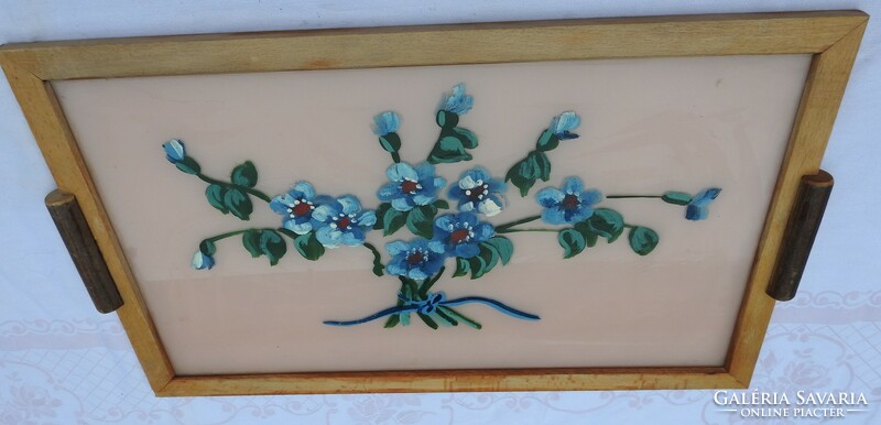 Antik  fa - üveg tálca - kézzel festett kék virág mintával