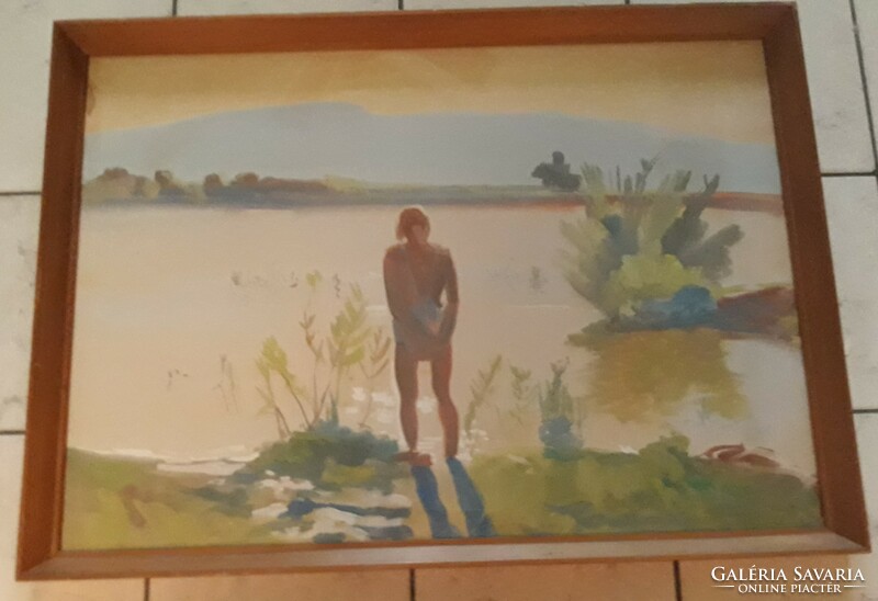 Szegedi Molnár Géza: Magányosan a vízparton, eredeti jelzett akvarell