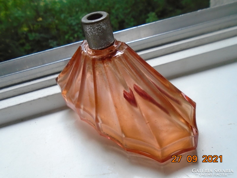 Antik fazettált borostyán art-deco parfümös üveg,valamikor ezüstözött fém szerelékkel