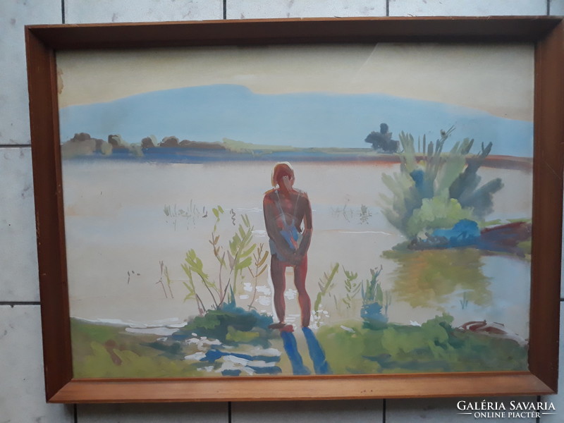 Szegedi Molnár Géza: Magányosan a vízparton, eredeti jelzett akvarell