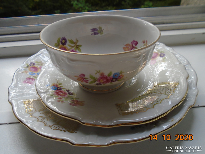 Tea breakfast set with antique hand painted rosy gold mesh, Meissen flower and emboss patterns