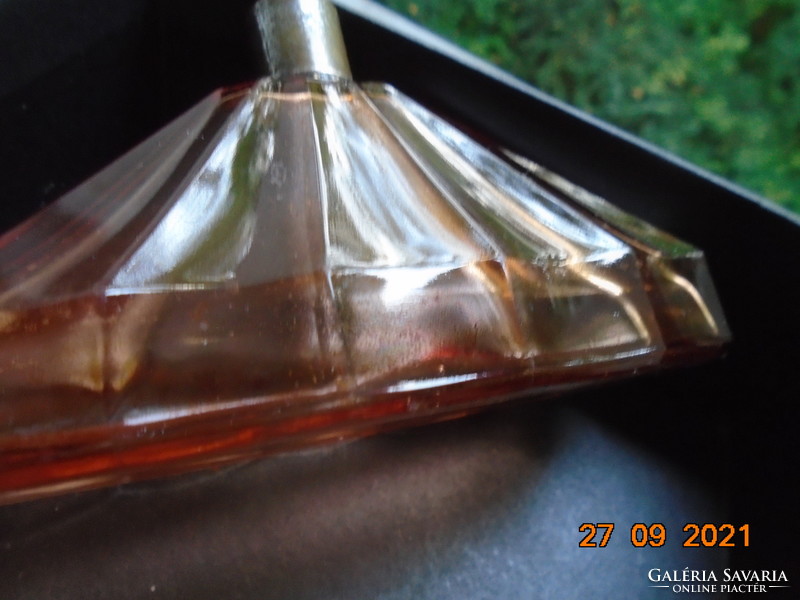 Antique faceted amber art-deco perfume bottle with once silver-plated metal fitting