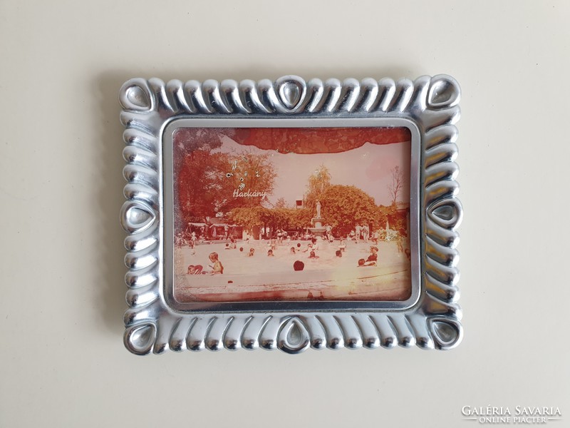 Retro old metal bowl with beach photo of woodpecker souvenir souvenir