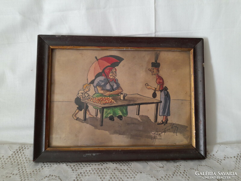 Antique marked caricature painting