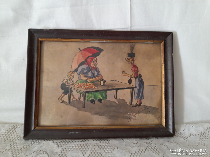 Antique marked caricature painting