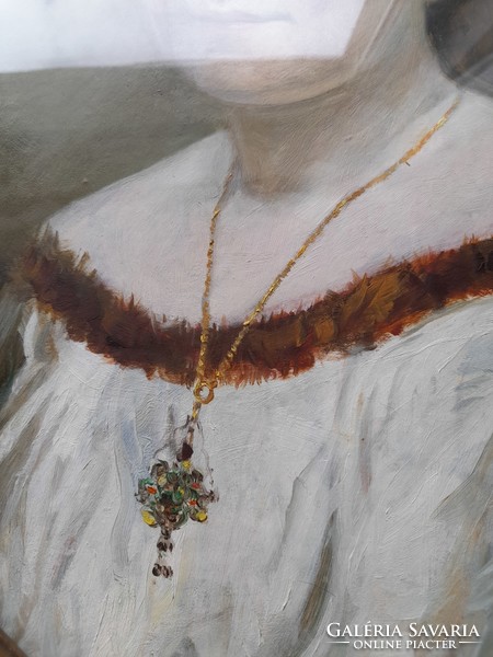 Női portré festmény, ovális keretben