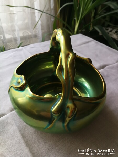 Zsolnay, art nouveau, green eosin basket