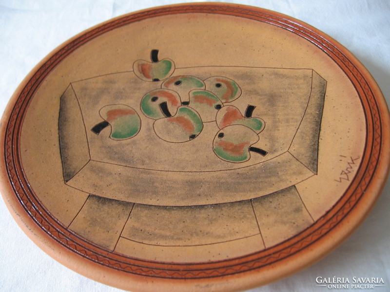 Signed studio ceramic cubist apple and fish still life wall plate