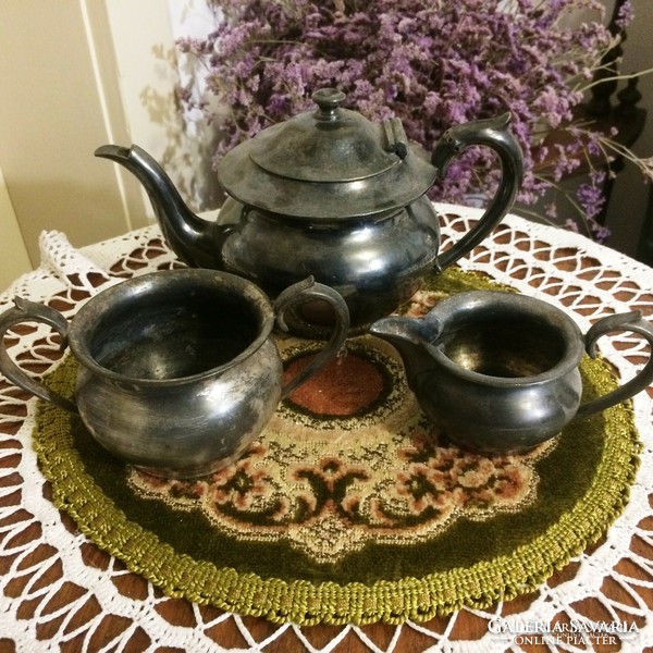 Special, silver-plated, tin, antique, 3-piece, tea, coffee set with beautiful black patina