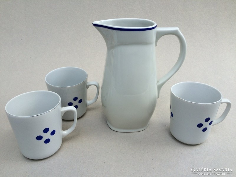 Old Zsolnay porcelain blue striped water jug and 3 mugs with blue dots