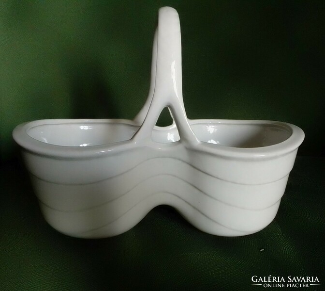 White glazed porcelain basket with handles, bowl, serving bowl, flower stand