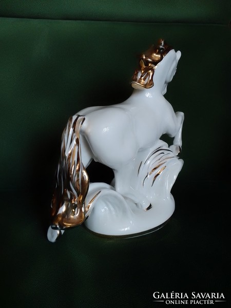 Lomonosov old Russian white porcelain horse statue figure on pedestal with gilded mane, 1960, flawless