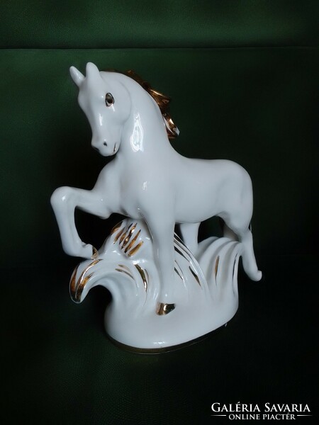 Lomonosov old Russian white porcelain horse statue figure on pedestal with gilded mane, 1960, flawless