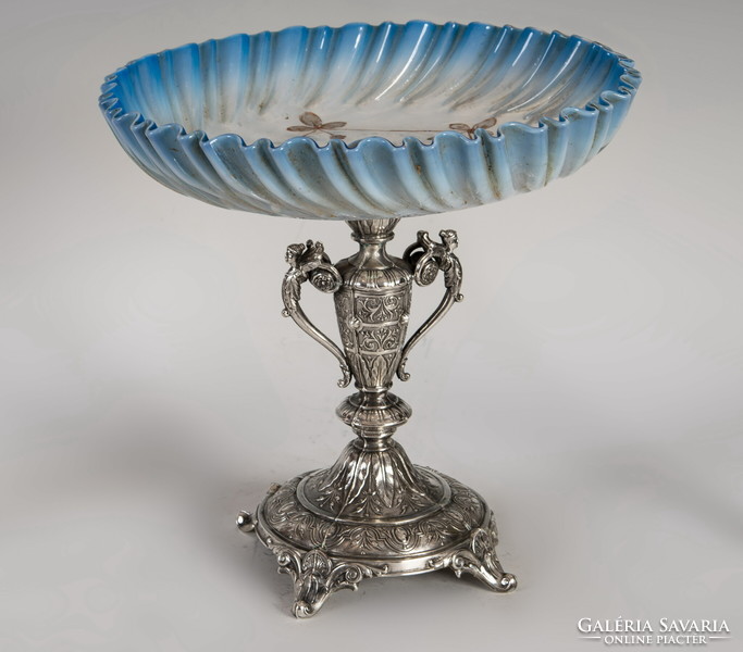 Ezüst asztalközép régi kék üveggel