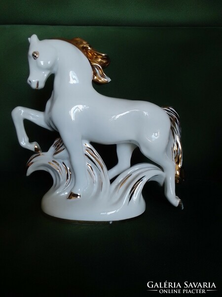 Lomonosov old Russian white porcelain horse statue figure on pedestal with gilded mane, 1960, flawless