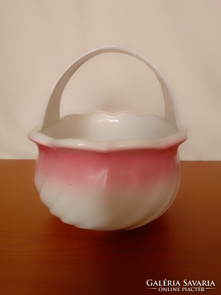 Antique old ceramic earthenware basket with pink and white glaze, basket, serving bowl, flower stand