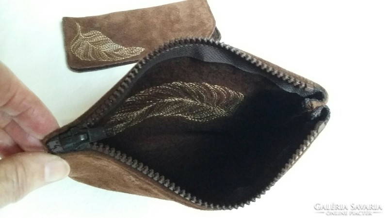 Old leather (suede?) Case and glasses case with leaf pattern