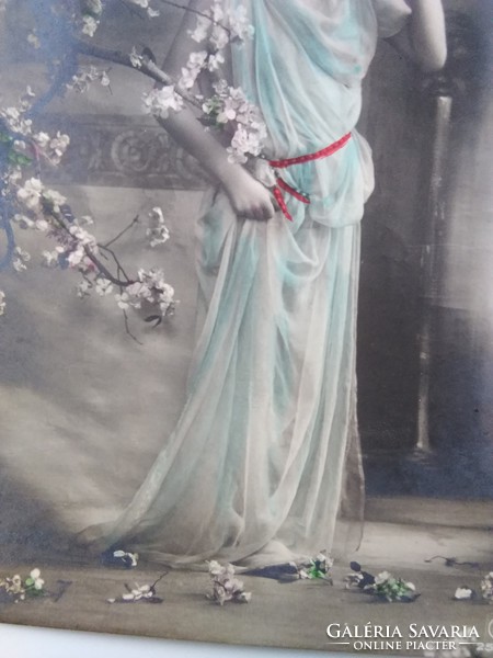 Antique hand colored photo sheet / postcard of beautiful lady in greek style dress with jug 1911
