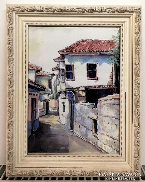 Mediterranean street detail - watercolor picture in a fabulous, antique frame (k.m. 24.5 X 31)