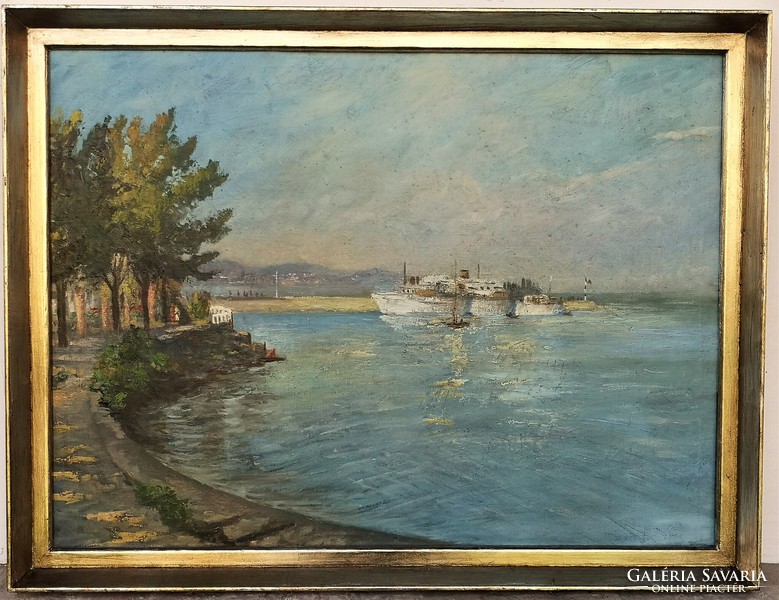 50s-60s Balaton Tihany pier c. His painting is 86x66cm with an original guarantee!