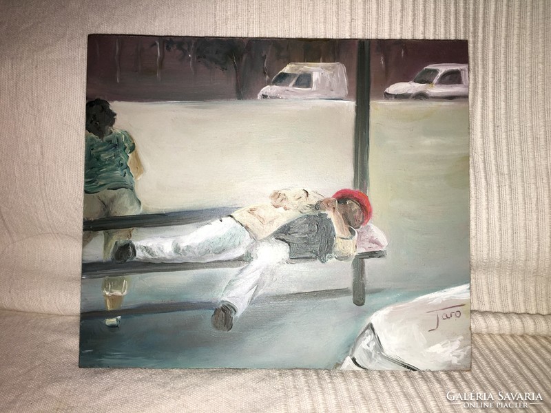 16.2X19 cm street life picture painted on wood 