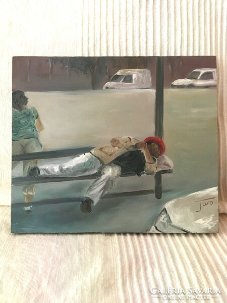 16.2X19 cm street life picture painted on wood 