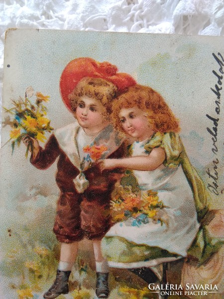 Antik litho/litográfiás szecessziós gyerekmotívumos képeslap/üdvözlőlap kislány, kisfiú, virág 1905