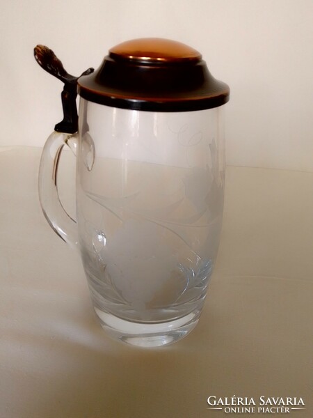 Polished grape and grape leaf pattern half liter German copper glass beer pitcher with lid