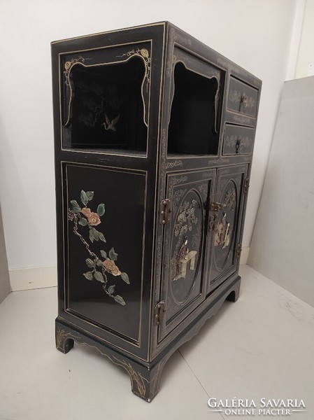 Antik kínai lakk szekrény igényesen faragott zsírkő dombor berakásos festett kis bútor 500 5940