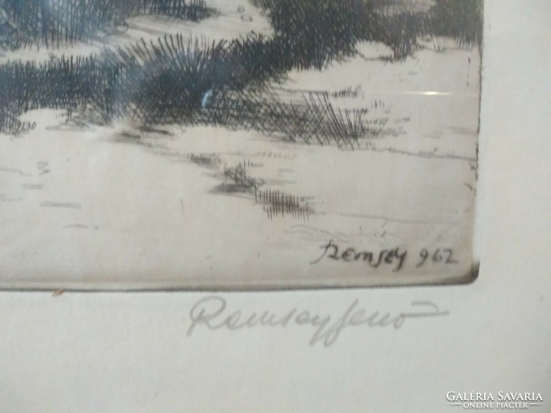 Jenő Remsey: line of gypsies etching